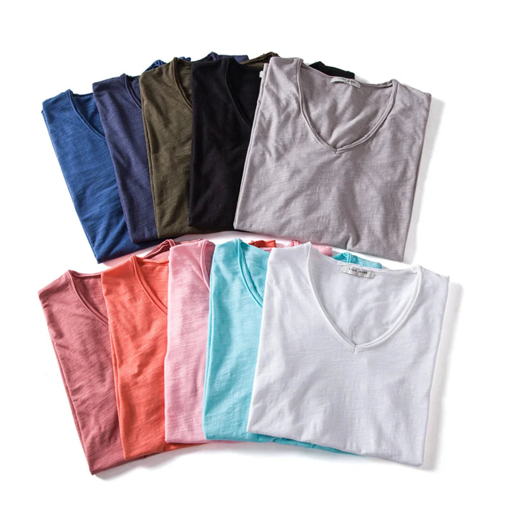 Aiopeson 100 Percent Cotton Men V Neck Slim Fit T Shirt Premium Comfort Casual Tee
