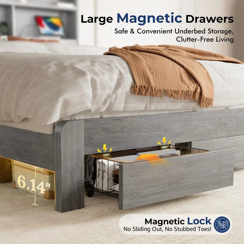 Bed Frame with 2Tier Storage Headboard, LED Lights, Charging Station, 2 Drawers, 900lbs Capacity, Wood amp Metal Platform, Nois