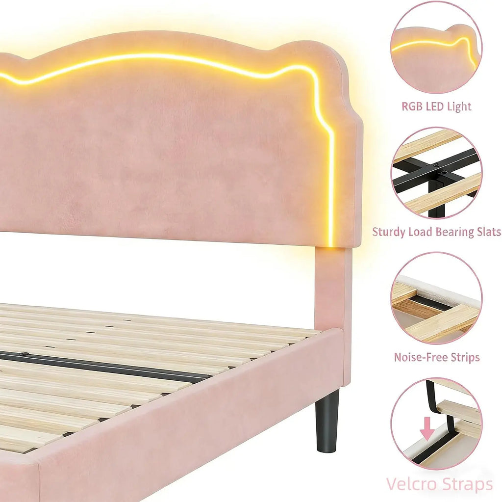 Velvet Upholstered Princess Bed Frame RGB LED Smart Light Adjustable Bear Headboard Wooden Slat Support Twin Pink Kids