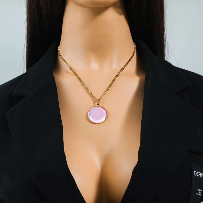 Eilieck 316L Stainless Steel Round Colored Crystal Pendant Necklace For Women'S New Trend Choker Clavicle Chain Jewelry
