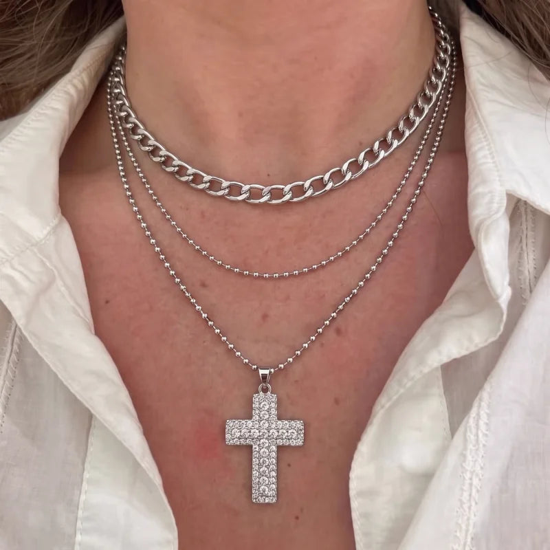 Y2K Rhinestone Cross Pendant Necklace Double Layered Silver Color Chain Choker Gothic Necklaces Party Jewelry Women Accessories