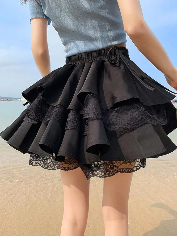 Black Patchwork Lace Short Women Cake Skirt With Lace Up High Waist Preppy Style Cute Ball Gown Kawaii Skirts Girls