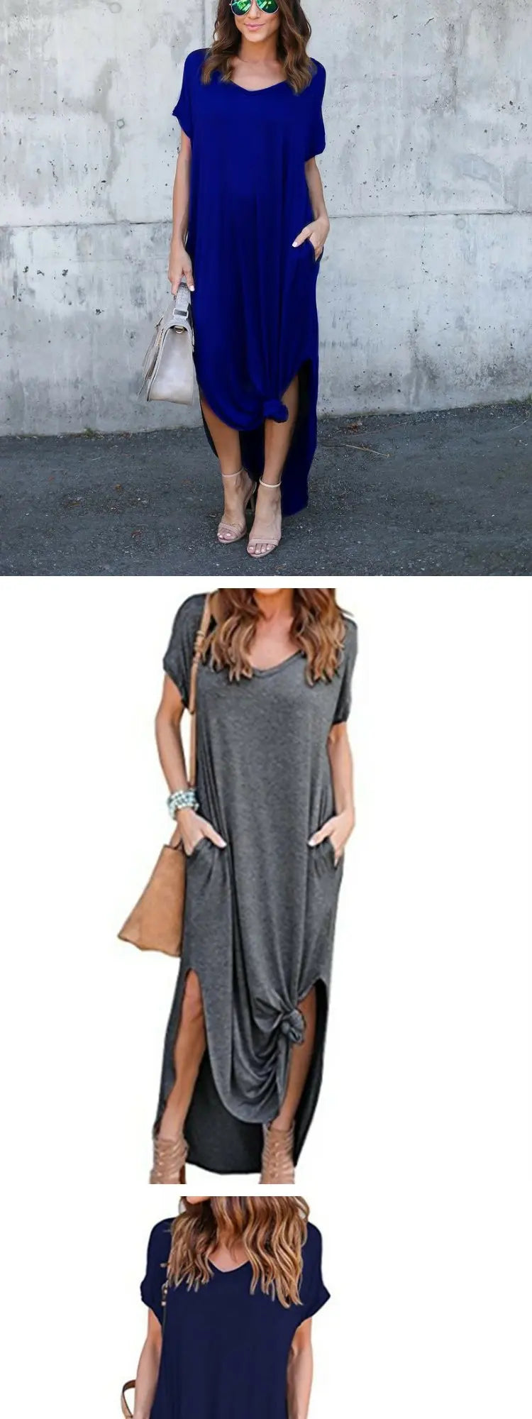 Pure Color Splice Short Sleeve V-Neck Slit Long Dress Loose Fit Women's Summer Cotton Polyester Maxi Dress Citywalk