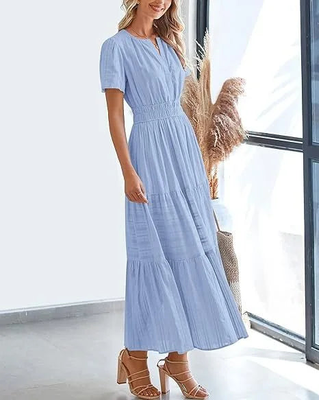 Summer Solid Color V-neck Tight Waist Dress French Style Elegant Pleated Large Swing Long Dress Casual Vacation Style Slimming M