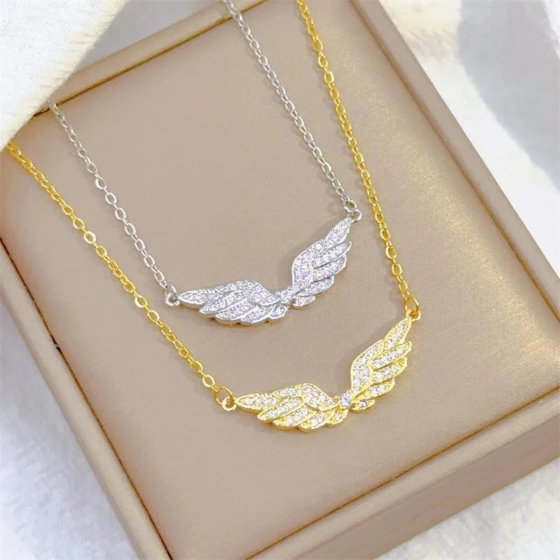 Fashion Retro Light Luxury White Jewelry Angel Wings Necklace Exquisite Personality Stainless Steel Clavicle Chain