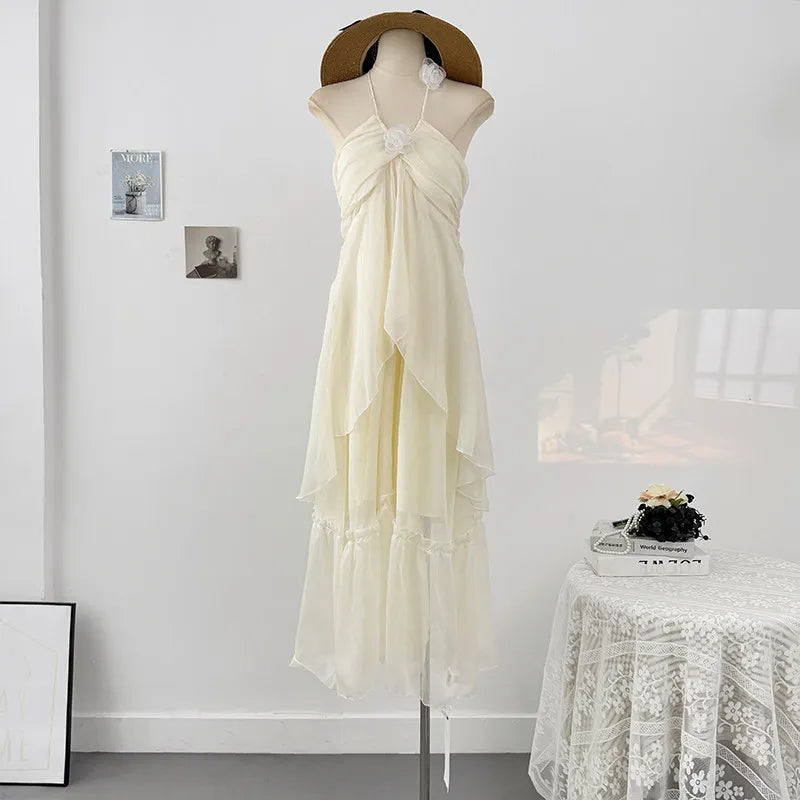 French style three-dimensional flower hanging neck lace-up dress women's summer vacation style sexy backless big swing skirt