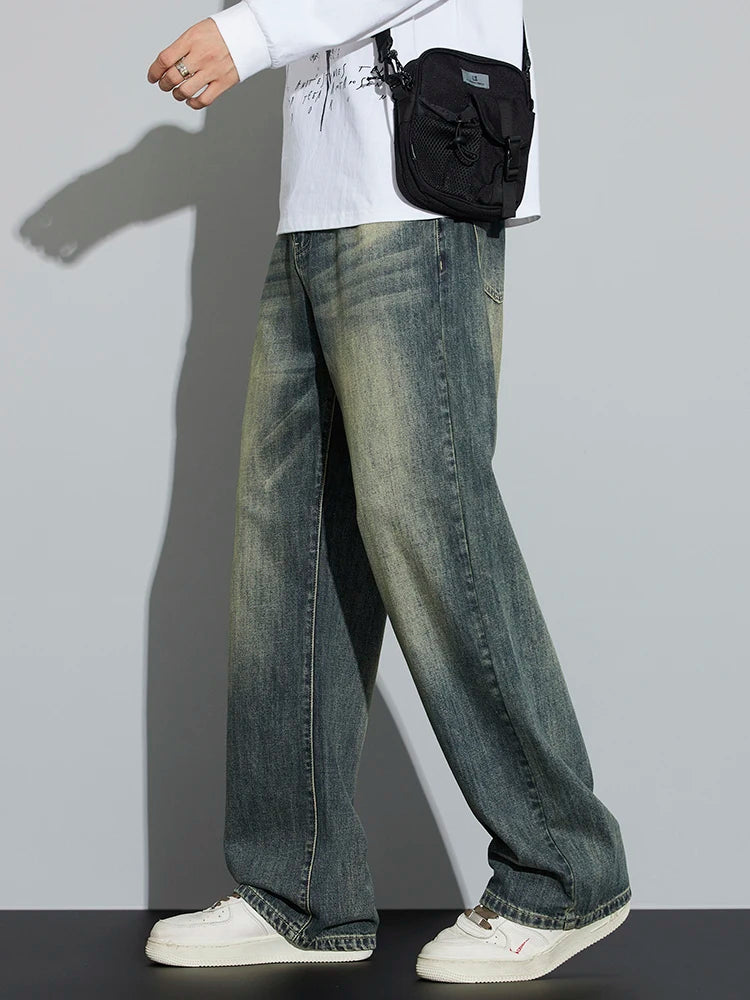Cotton Baggy Men Wide Leg Jeans Retro Loose Streetwear Fashion Korean Straight Washed Denim Trousers High Quality Brand Clothes