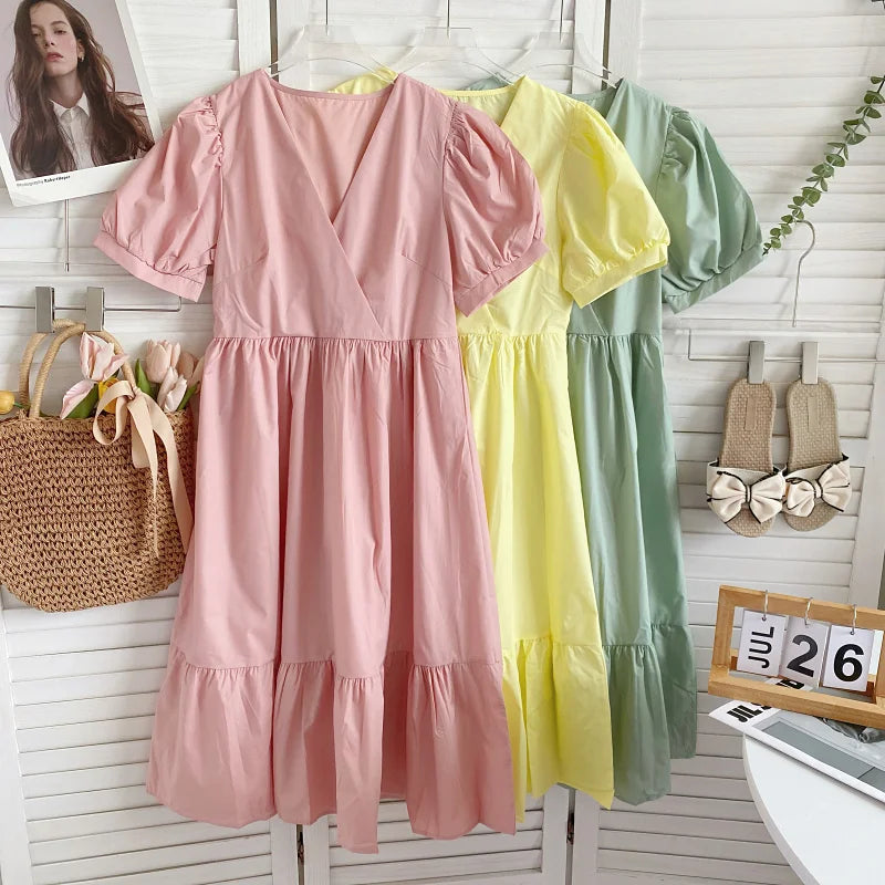 Retro Elegant  Color V-neck Bubble Sleeve Waist-cinching Slimming Casual Lace Trim Dress Women Summer Midi Dress