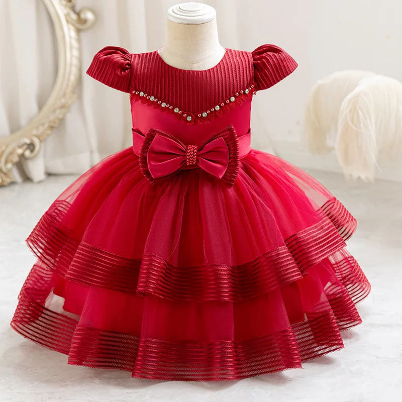 HETISO Striped Wedding Party Dress for Girls Baby Christmas Holiday Layered Gown Toddler Kids Beaded Clothing 6M-4 Years