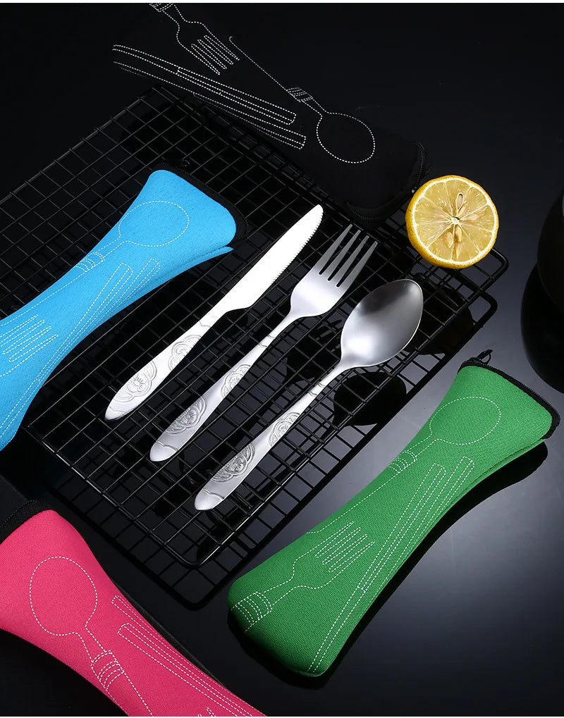 Cuchara de camping de viaje, juego de cubiertos de viaje con cremallera, estuche de almacenamiento portátil para herramientas de cena, hogar, picnic, vajilla lavable