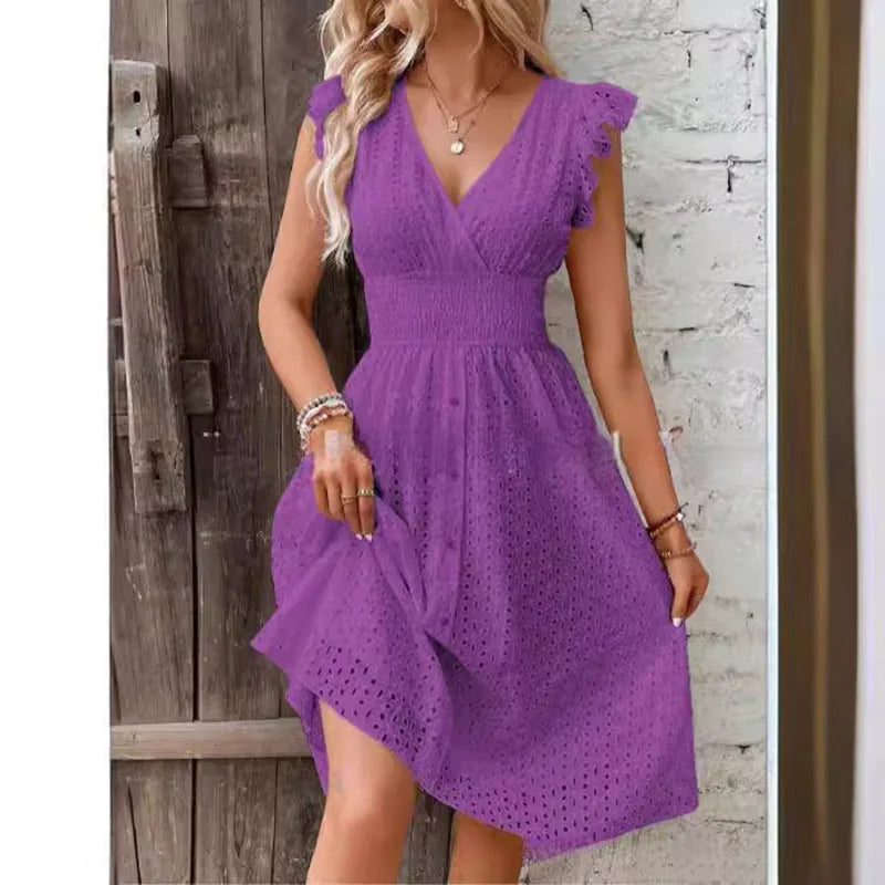 Flare Sleeve Solid Color Hollow Lace Waist Dress Casual Beach Holiday Dresses Summer Women V-Neck Beach Dress