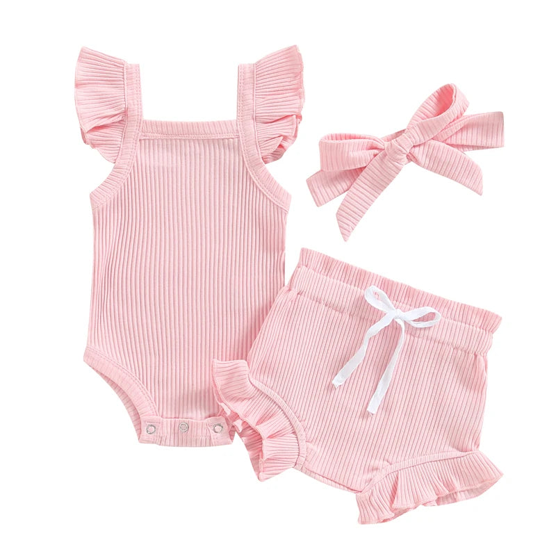 0-18M Summer Lovely Toddler Baby Girls Boys Clothes Sets Solid Knit Ruffles Sleeve Bodysuit Romper Tops Shorts 2Pcs Clothes