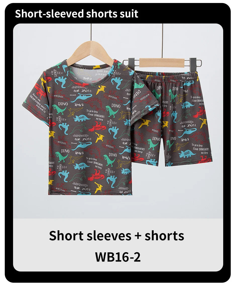 2 Pcs Summer Children's Fun Printed Shorts Short Sleeve Suit Boy Colorful Dinosaur Top Girl Sweet And Lovely Elastic Waist Short