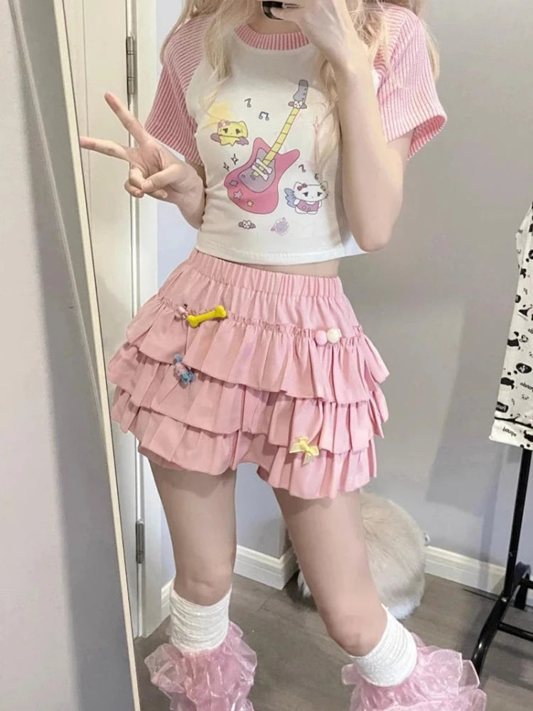 Pastel Tiered Ruffle Mini Skirt with Built-in Bloomer Shorts Layered Frill Skort Women Soft-Girl Kawaii Lolita Jirai Kei Sukapan