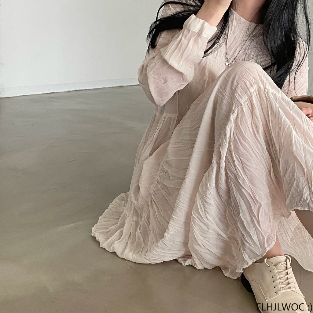 Autumn Spring Wrinkle Loose Dresses New Hot Women Cute Japan Style Retro Vintage Girls Holiday Casual Solid Apricot White Dress