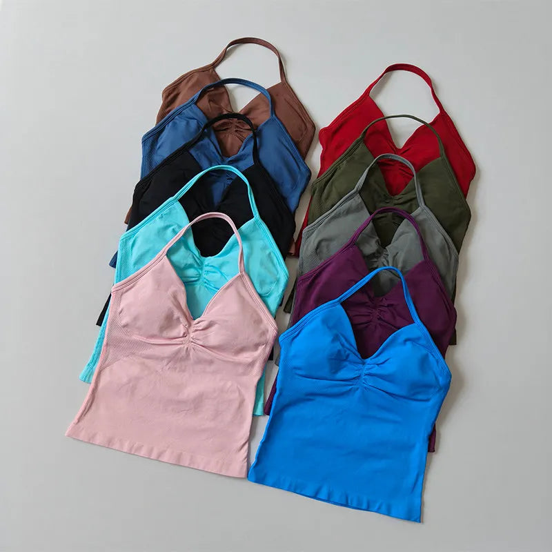 Longline Strappy Seamless Yoga Tank Top Ruched Backless Gym Workout Sleeveless Shirts with Built-in Bra Vest for Women
