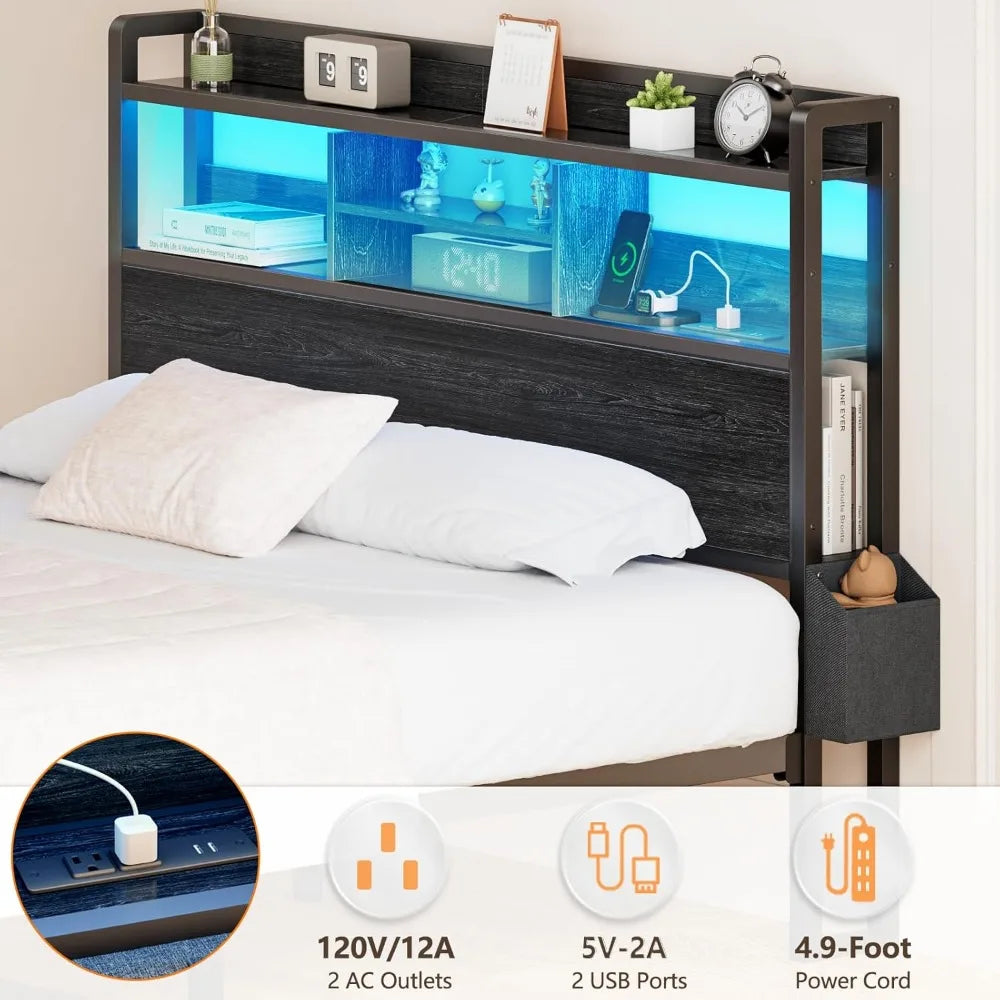 Full Size Bed Frame with Wood Headboard, Metal Platform Bed Frame Full Size with 2 Storage Drawers and Shelf, LED Light