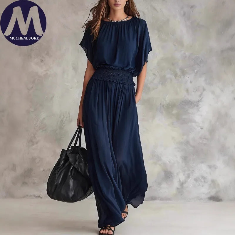 Elegant High-Waisted Loose Dress for Women Summer Fashionable Casual O-Neck Batwing Short Sleeve Waist-Cinching Elegant Women's