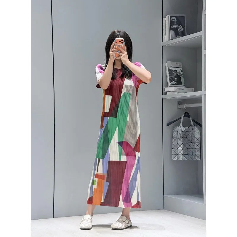 Miyake Pleated Dresses 2026 Summer New Fashion Printed Round Neck Short Sleeve Elegant Women's Draped Elastic Wrinkle-Free Dress