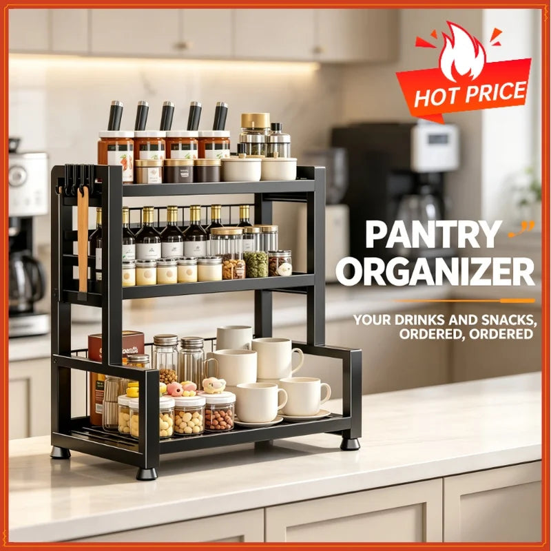Estante metálico para especias de 2-3 niveles ajustable, organizador de almacenamiento de cocina multifuncional de pie con dispositivo de fijación, soporte para cuchillos
