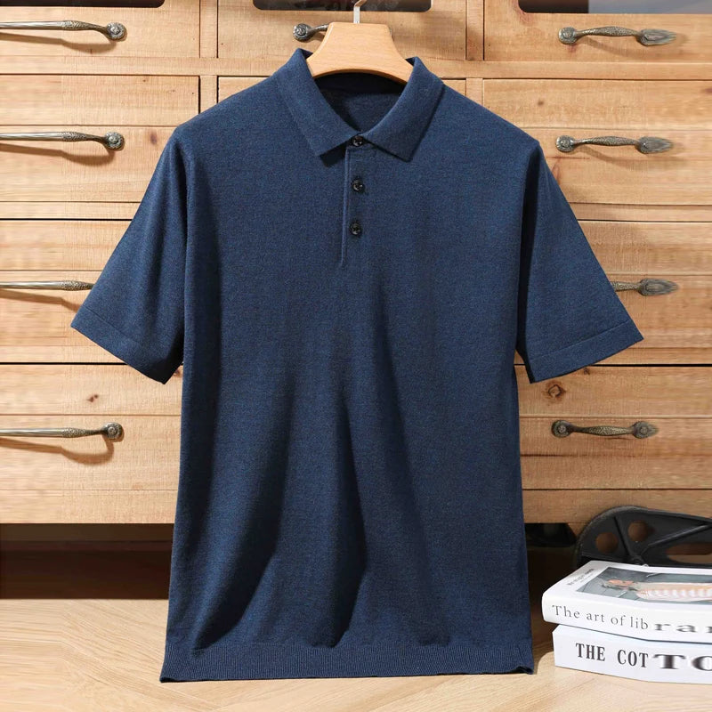Summer 100% Merino Wool Men'S Lapel Pullover Short Sleeve Polo Neck Sweater Loose Top Business Casual Knit T-Shirt