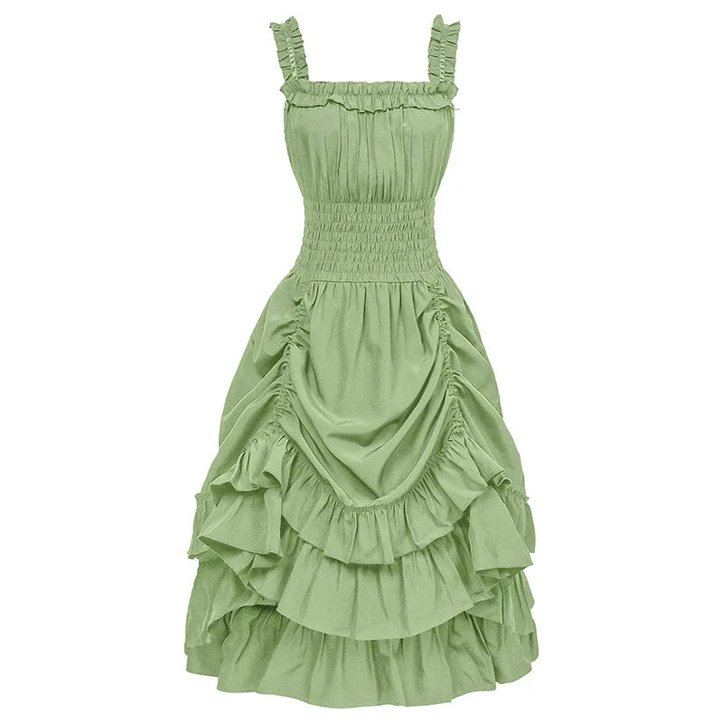 2026 Vintage Victorian Ruffle Midi Dress,High Waist A Line Women Sling Dress,Medieval Cosplay Party Dress for Women Summer Beach