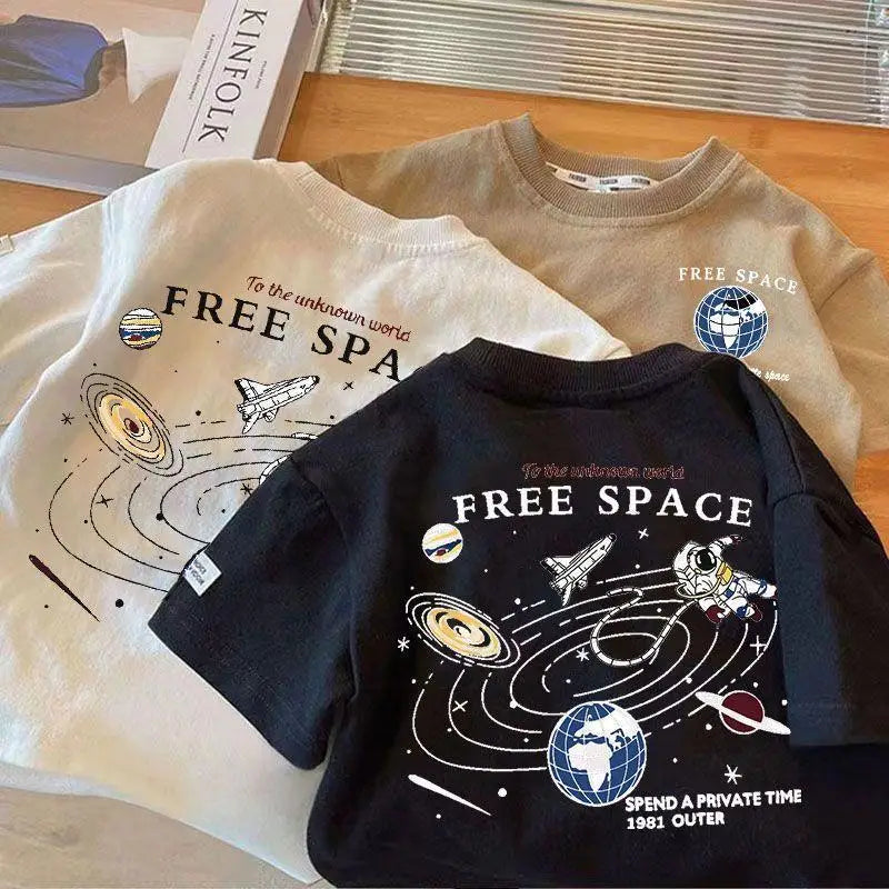 Kids Space Pattern T-Shirt Short Sleeve Crewneck Cotton Blend