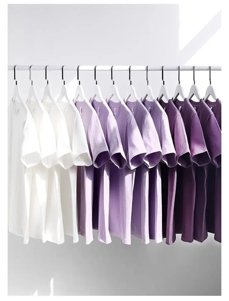 Men's and Women's T-shirts 300G Heavy Gray-purple Round Neck Short-sleeved T-shirts Women's Basic Pure Cotton Simple