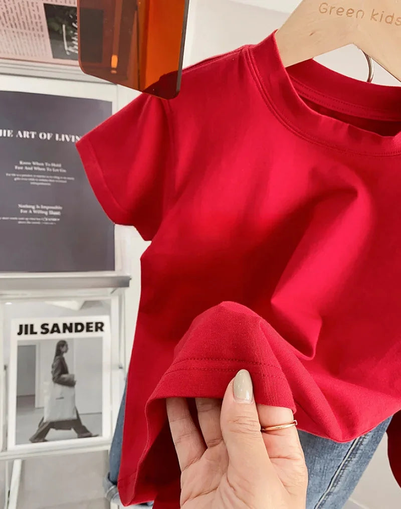 Kids Solid Color Cotton T-Shirt 2026 Spring Summer New Boys Girls Round Neck Short Sleeve Basic Tops Children Casual Tees