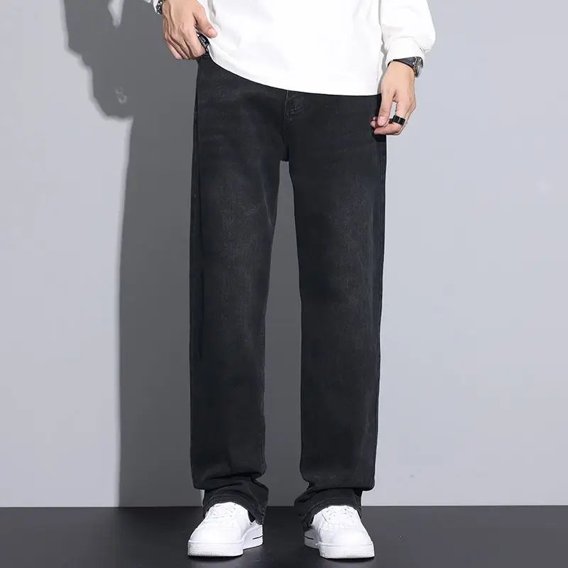 Black Casual Elastic Wide Leg Jeans Men's Loose Straight Fit Jeans Trendy Autumn Winter Long Pants Korean Style Basic Model