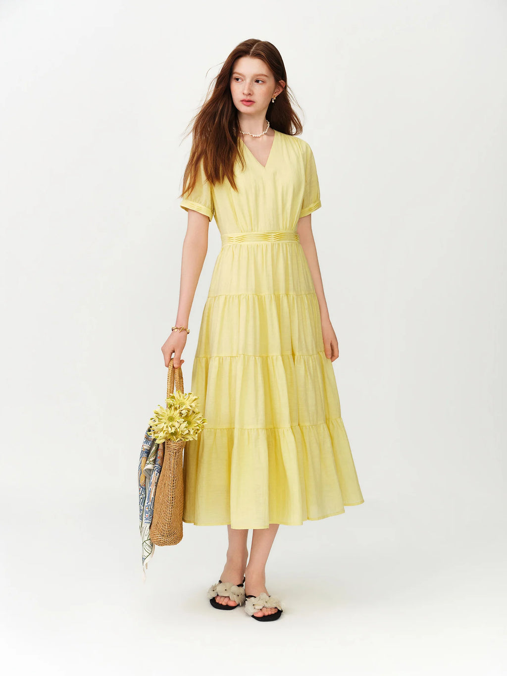 FSLE V-neck Puff Sleeve Pleated Waist Dresses Women New Summer 2026 High-waisted Cut Short Sleeve Mid-calf Length Fairy Dress