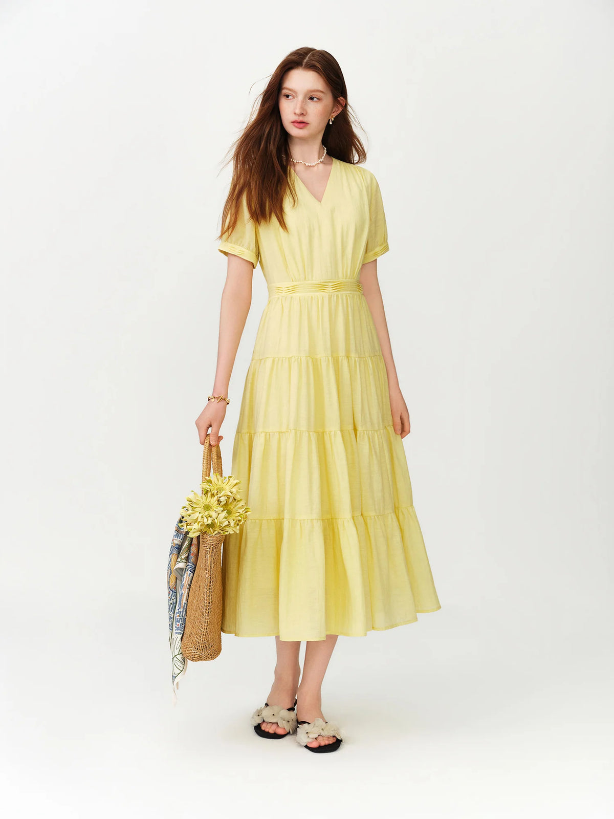 FSLE V-neck Puff Sleeve Pleated Waist Dresses Women New Summer 2026 High-waisted Cut Short Sleeve Mid-calf Length Fairy Dress