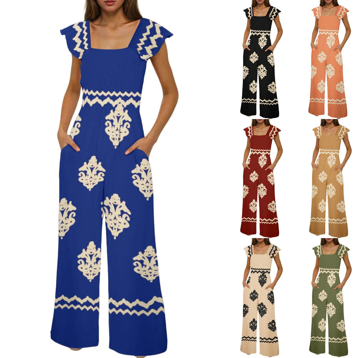 Womens Beach Vacation Tight Jumpsuits Boho Retro Print Cap Sleeve High Waist Wide Leg Romper With Casual Jumpsuits With Pockets
