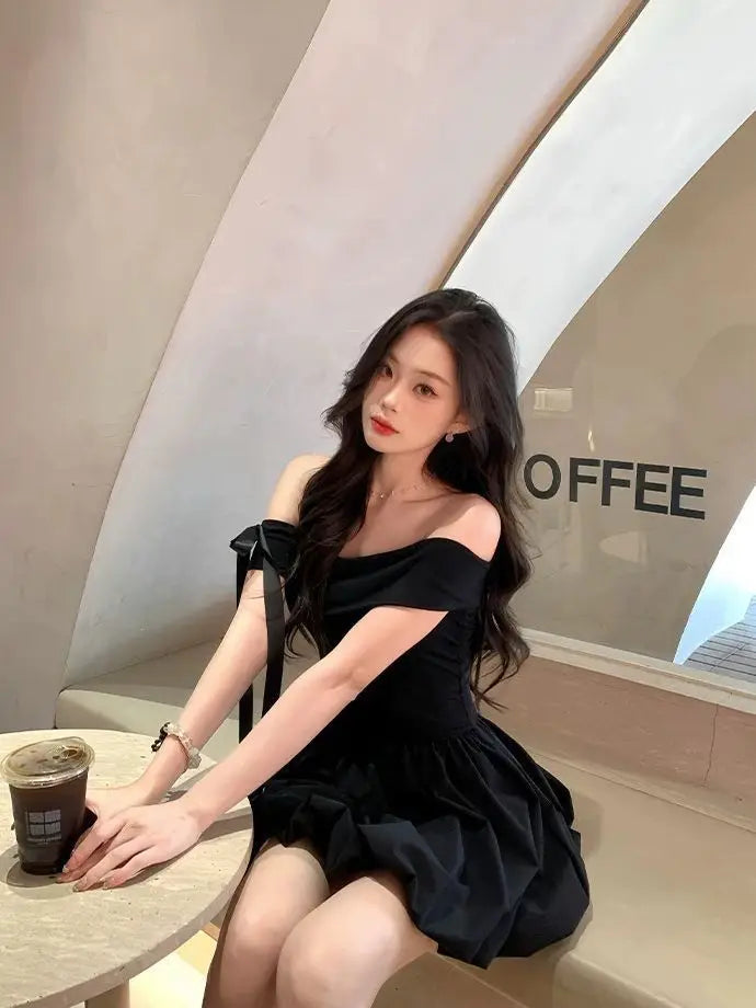 Black Off Shoulder Mini Dress With Bow Decor Ruched Waist Flared Silhouette For Women