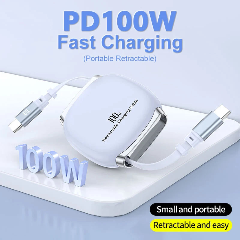 PD 100W Retractable USB-C Fast Charging Cable – iPhone & Android Compatible