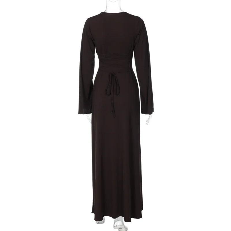 Women's Flare Sleeve Maxi Dress – Slim Fit Lace-Up Floor-Length Gown