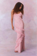 Lotus Leaf Edge French Floral Backless Dress Slim Fit Chiffon Solid Color Holiday Party Birthday Party Long Dress