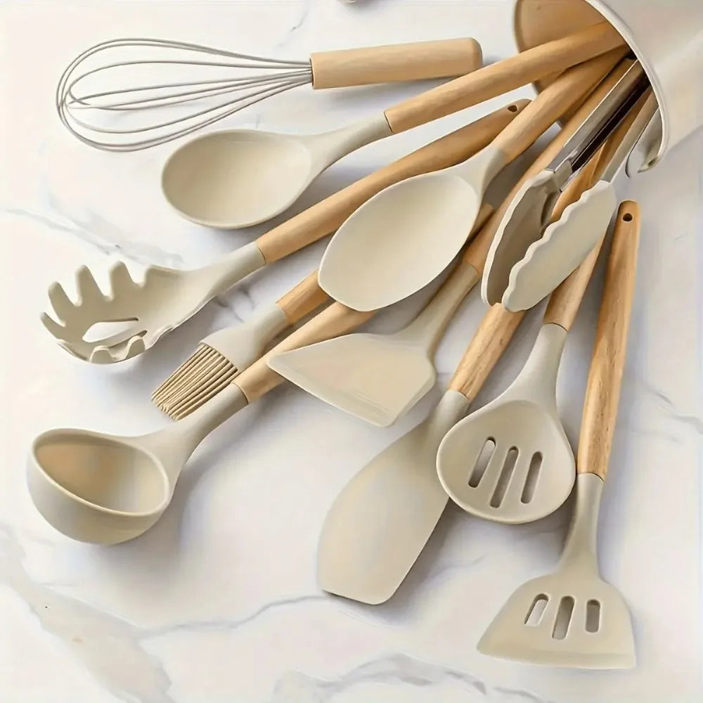 12 Pieces Silicone Kitchen Utensil Set with Storage Holder, Non-Stick Heat Resistant Cooking Utensils with Wooden Handles, BPA Free Dishwasher Safe Kitchen Gadgets for Home Cooking Baking
