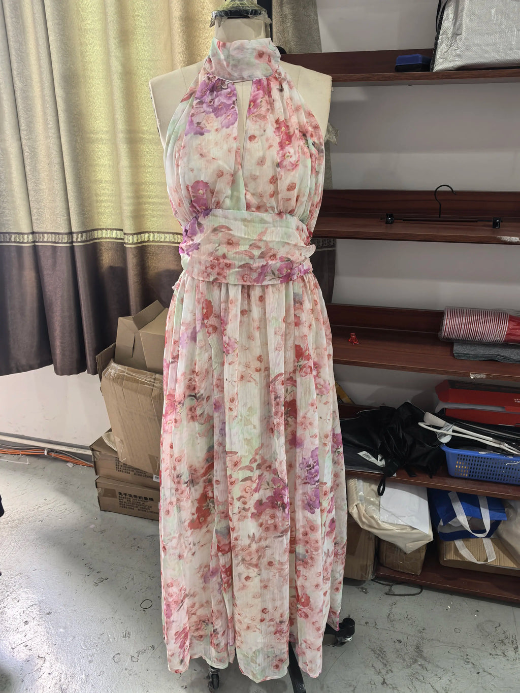 Trendy Keyhole Cutout Open Back Bow Waist Skirt Lady's Floral Print Flared Hem Dating Frock Elegant Halter Neck Women Maxi Dress