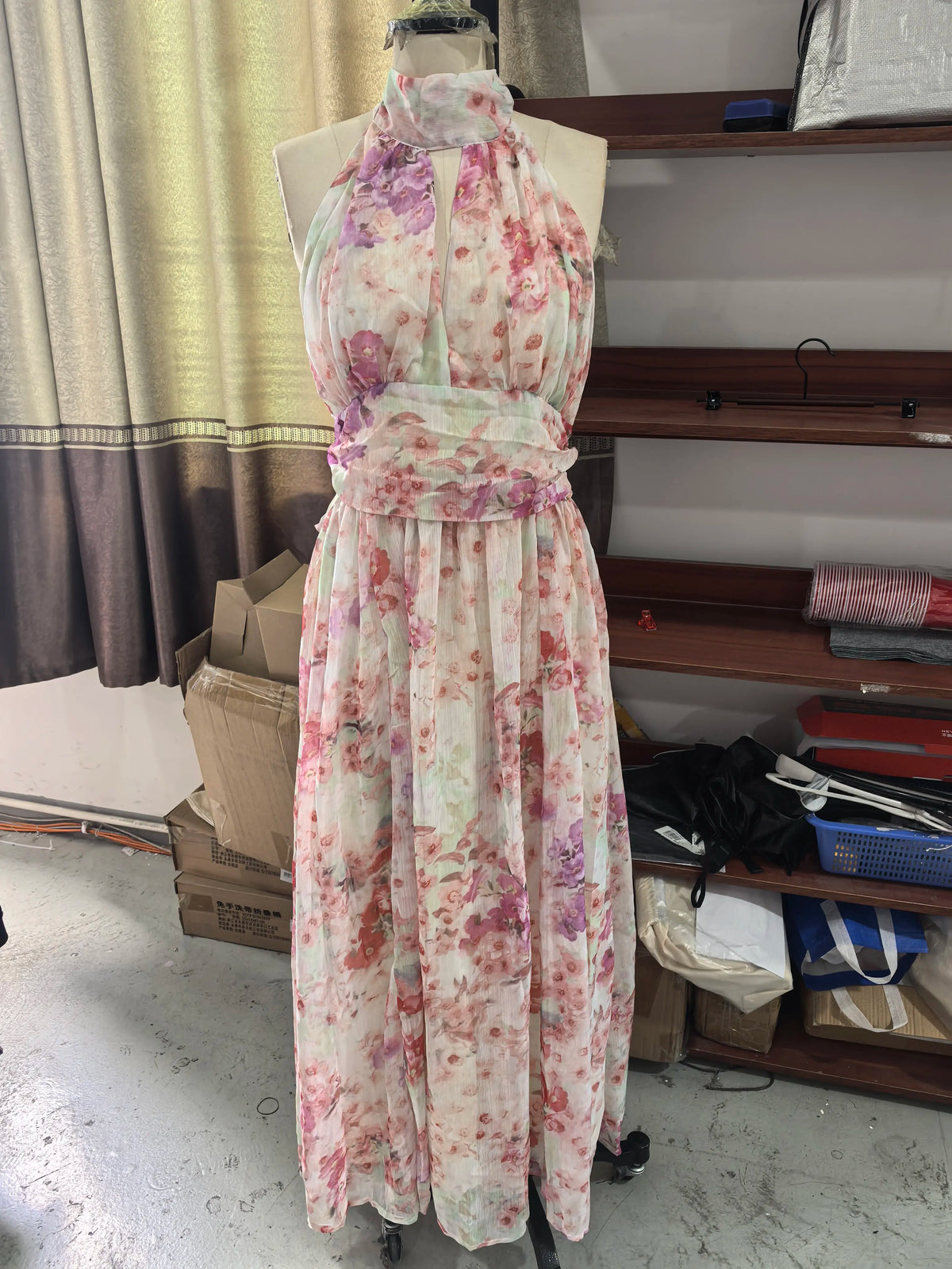 Trendy Keyhole Cutout Open Back Bow Waist Skirt Lady's Floral Print Flared Hem Dating Frock Elegant Halter Neck Women Maxi Dress