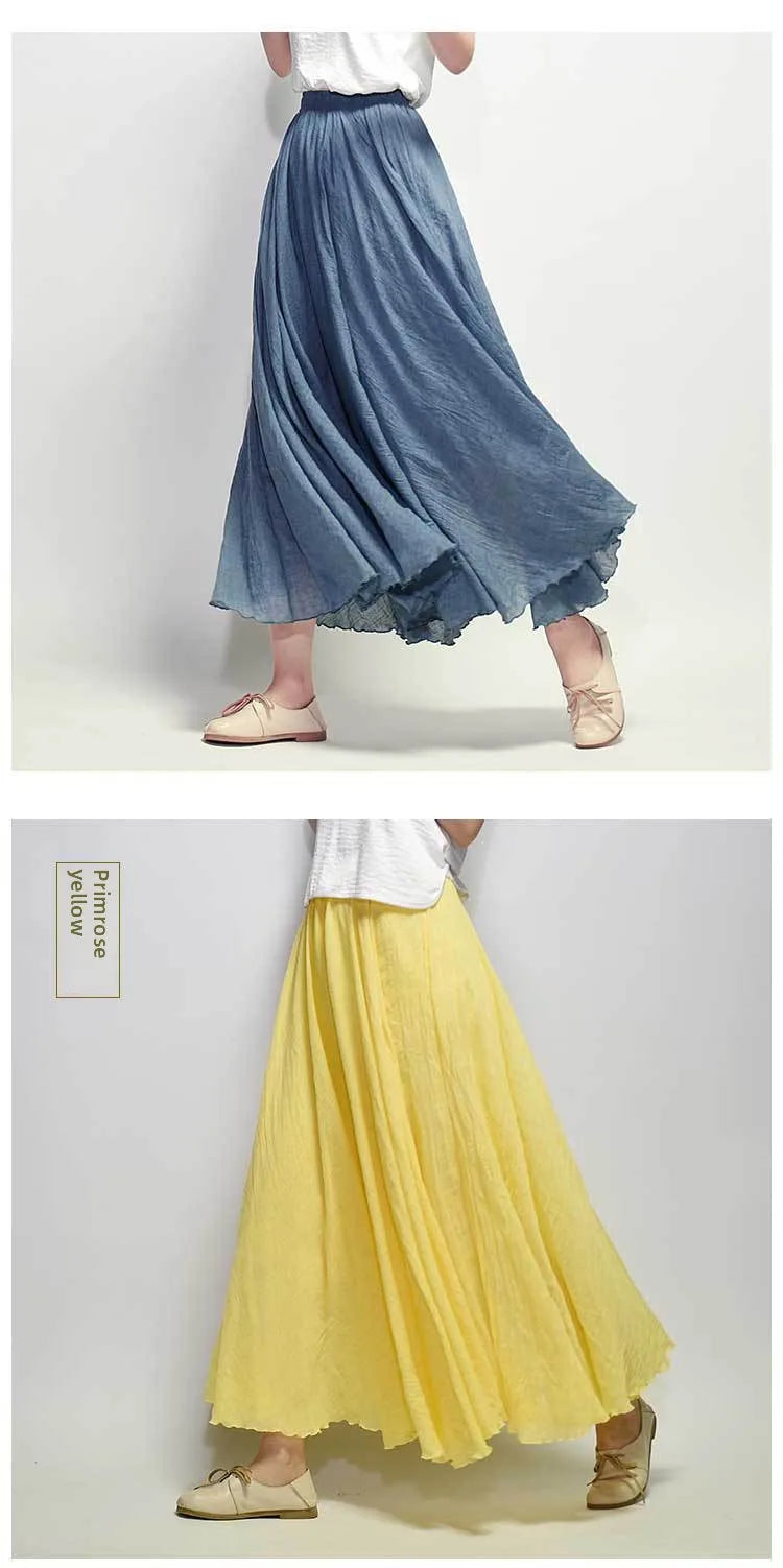 New In 2026 Spring Summer Woman Cotton Linen Midi Skirt Solid Color Loose Flared Pleated A-line Skirt Female Sweet Elegant Skirt