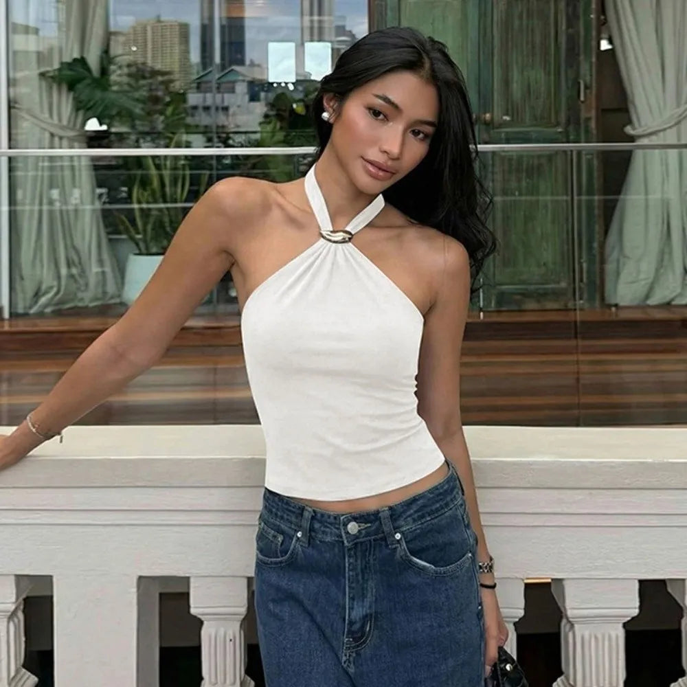 Sexy Versatile Halter Top Solid Color Camisole Style Lace Up Top Slim Fit Sleeveless Tank Top Women Summer Wear