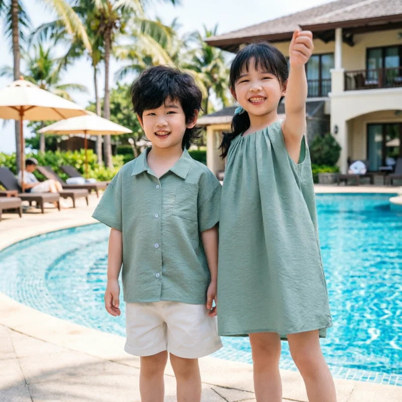 Vacation Family Matching Couple Outfit Dad Son Beach Shirts Mom Daughter Loose Dress Korean Parent-child Sister Brother Clothes