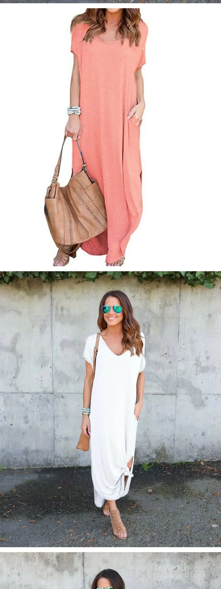 Pure Color Splice Short Sleeve V-Neck Slit Long Dress Loose Fit Women's Summer Cotton Polyester Maxi Dress Citywalk