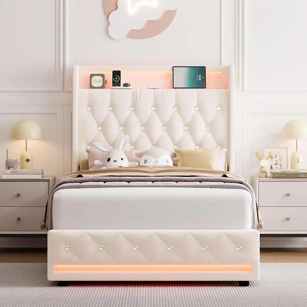 HIIT ull LED Bed e with Charging Station and 2 Storage Ders, Velvet Upholstered Platorm Bed with Handcrated Crystal Button Wingb