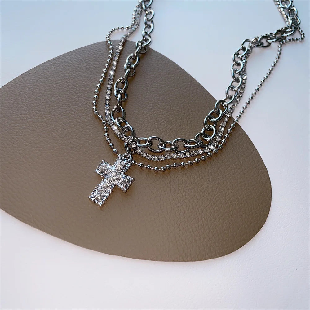 Punk Zircon Cross Pendant Necklace for Men Women Spicy Girl Sweet and Cool Style Multi Layered Necklace Gothic Jewelry Gifts