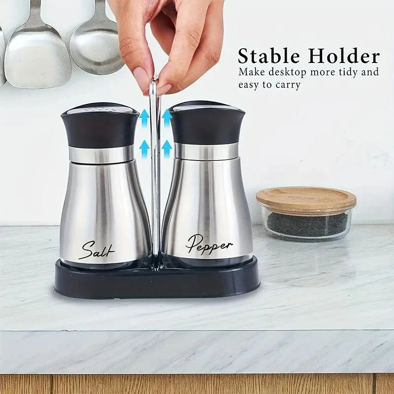 Botella de cristal para especias de cocina, juego de 2 molinillos de sal y pimienta recargables ajustables con estante, dispensador de especias con orificios para verter