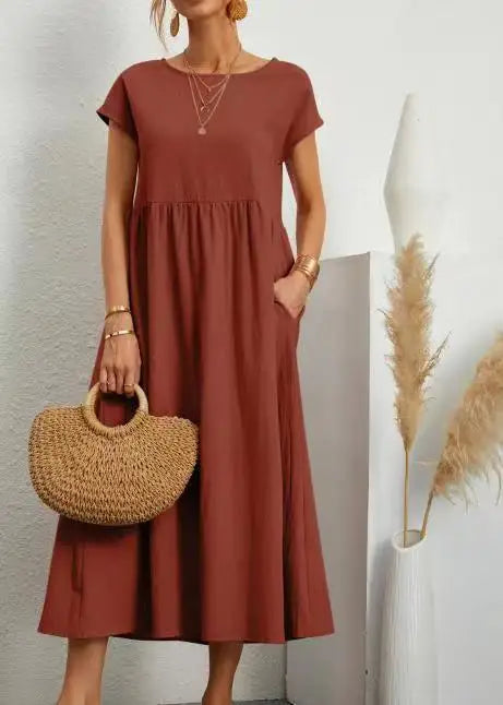 Customizable Fashion Solid Dress Women Cotton Linen O-Neck A-line Dress