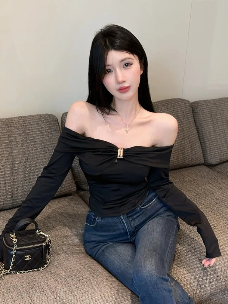 Sexy Hollow out Metal Long Sleeve T-Shirt Slim Fit Beautiful Design Shoulder Bared Autumn Fashion for Young Women Hollow out ...