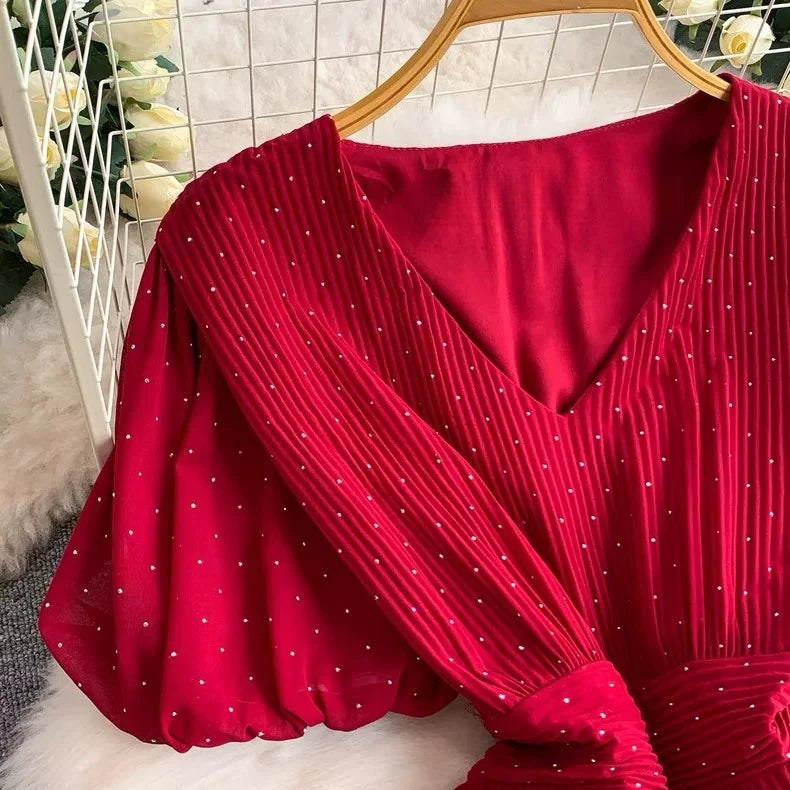 Summer Polka Dot Woman Elegant Dress Fashion V Neck Puff Sleeve Vestidos Korean A-Line Pleated Dresses 2026 Vestidos De Mujer